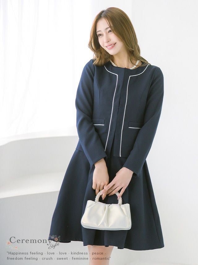 SUPER SALE] パイピングノーカラージャケットワンピースセレモニー