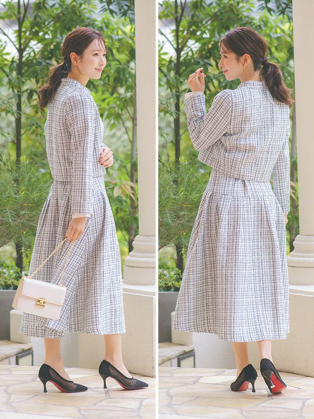 SALE] パールボタン付きジャケットフレアロングスカートツイード