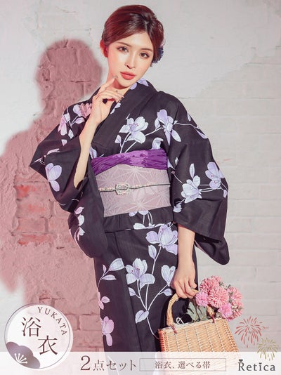 SUPER SALE] クール黒地 紫菖蒲柄 大人の2点セットレディース浴衣(浴衣