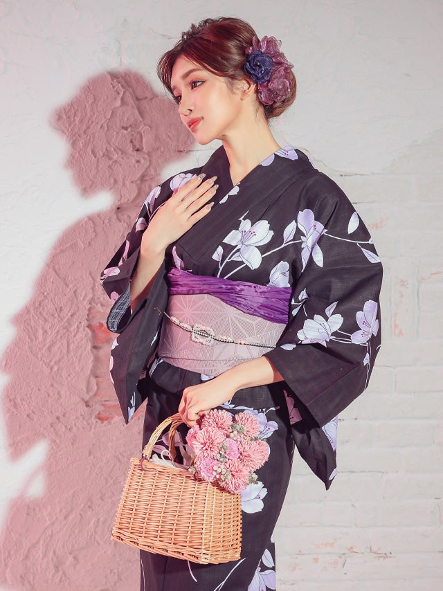 超早割] クール黒地 紫菖蒲柄 大人の2点セットレディース浴衣(浴衣+平