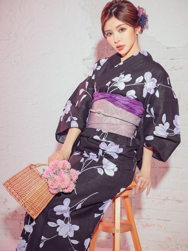 浴衣早割] クール黒地 紫菖蒲柄 大人の2点セットレディース浴衣(浴衣+
