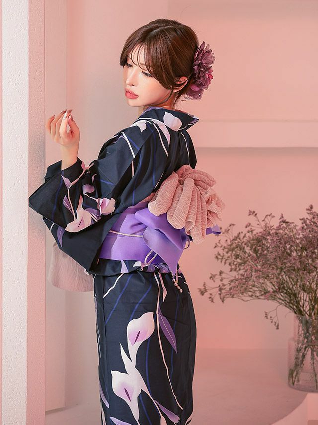 SALE] しっとり菖蒲の花 粋な大人の濃紺生地 大人の2点セット