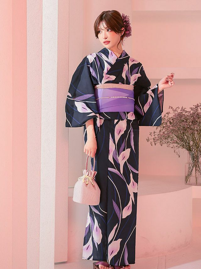 SALE] しっとり菖蒲の花 粋な大人の濃紺生地 大人の2点セット