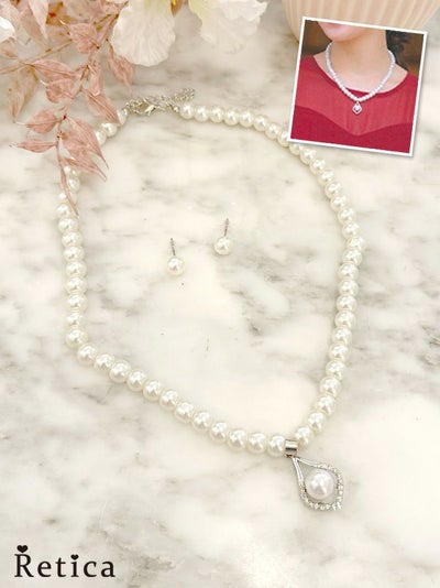 ドロップパールビジュー ネックレス×ピアス アクセサリー2set｜Retica 