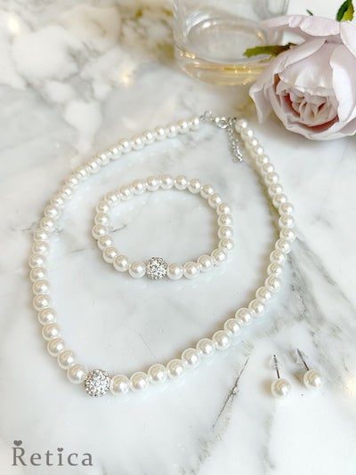 パール&ビジューデザイン ネックレス×ピアス×ブレスレット 