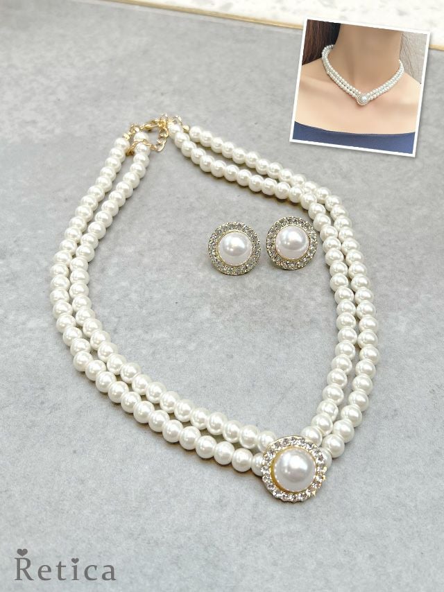 ドロップパールビジュー ネックレス×ピアス アクセサリー2set｜Retica