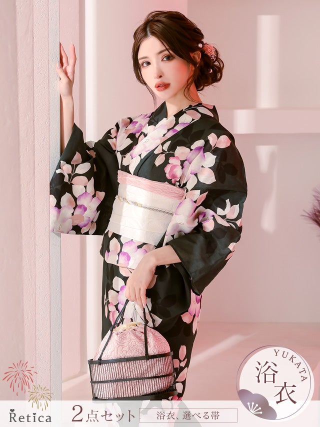 SALE] 黒緑にニュアンス椿 大人の2点セットレディース浴衣(浴衣+平帯or