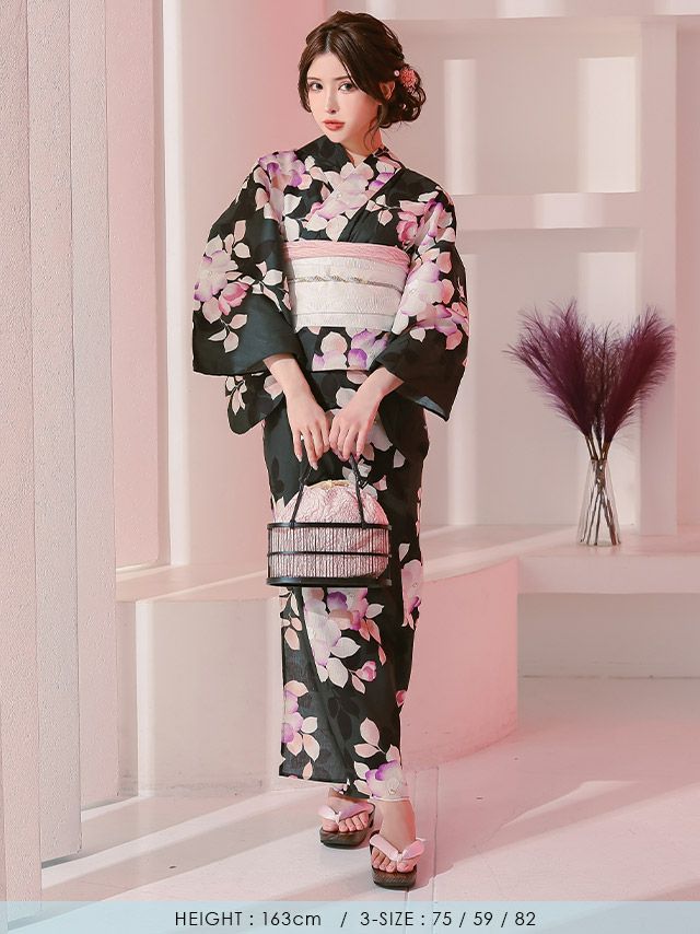 浴衣早割] 黒緑にニュアンス椿 大人の2点セットレディース浴衣(浴衣+平
