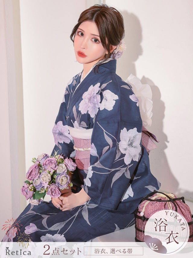 SUPER SALE] 紺地に水彩百合 大人の2点セットレディース浴衣(浴衣+平帯