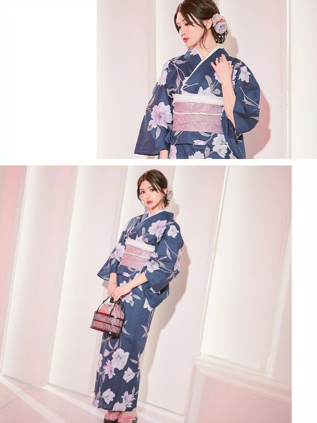 紺地に水彩百合 大人の2点セットレディース浴衣(浴衣+平帯or作り帯