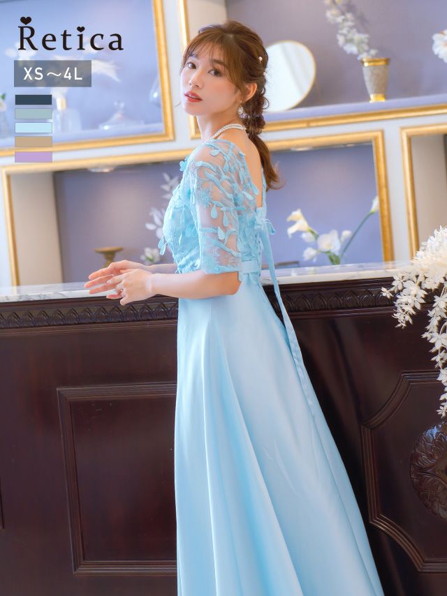 SUPER SALE] Vネック立体刺繍レース袖ありロング丈パーティードレス