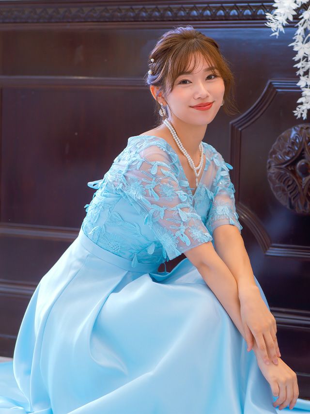 SUPER SALE] Vネック立体刺繍レース袖ありロング丈パーティードレス