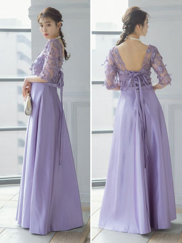パーティードレス SALE] Vネック立体刺繍レース袖ありロング丈パーティードレス (XS