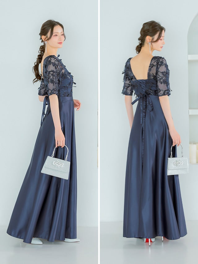 SALE] Vネック立体刺繍レース袖ありロング丈パーティードレス (XS