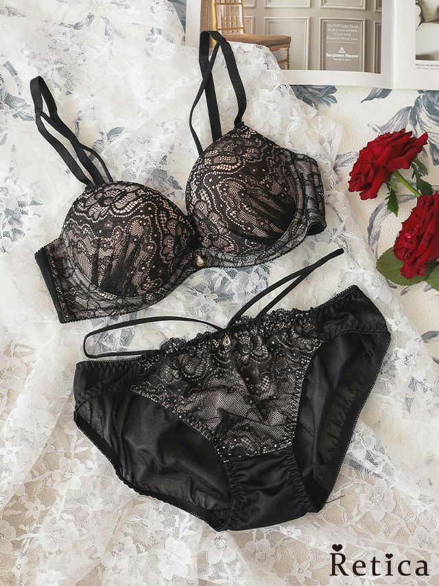 クロスコードヌーディレースブラジャー&ショーツセット(ブラック)(A～E