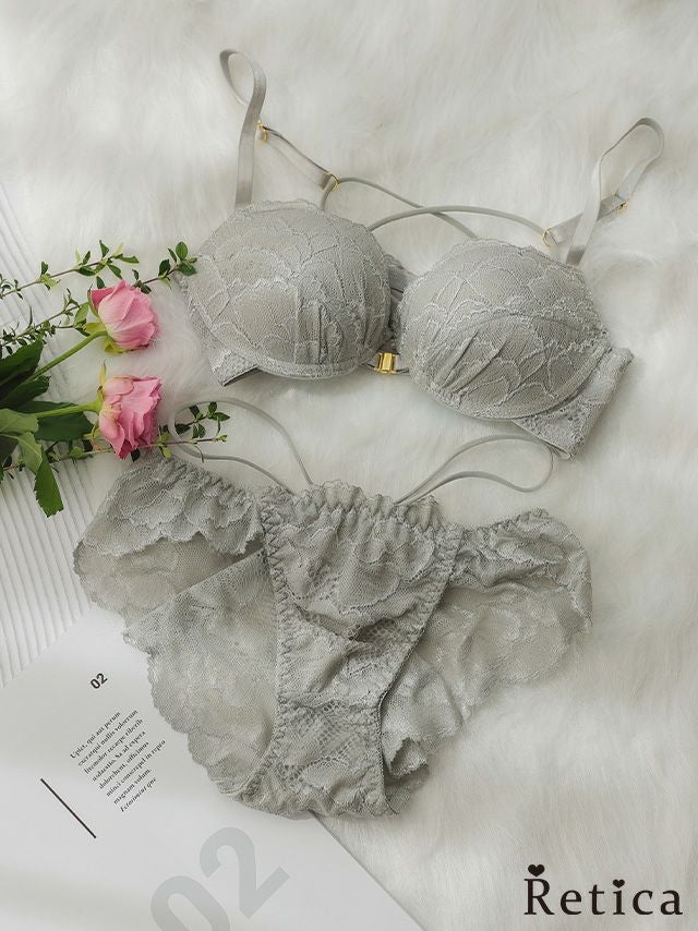 フロントホック&バッククロス花びら刺繍脇高ブラジャー&ショーツセット