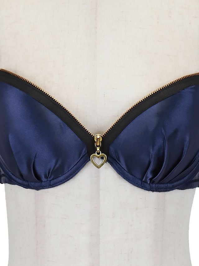 バストジップサテンカップブラジャー&ショーツセット☆(ネイビー)(B~F