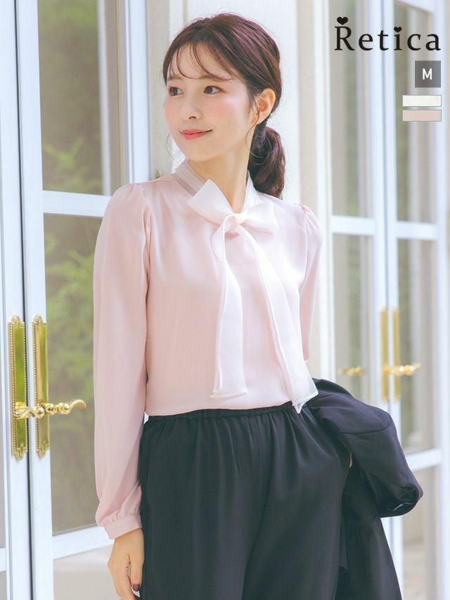 ボウタイ長袖シフォンフォーマルブラウス (Mサイズ) (ピンクベージュ