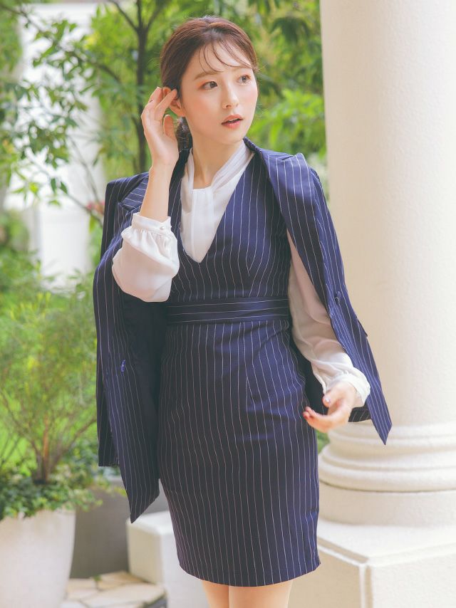 SALE] ストライプジャケット&タイトスカートワンピース セットアップ