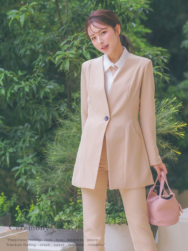 SALE] ノーカラーVネックジャケット×豹柄スカーフ&同色ベルト付き