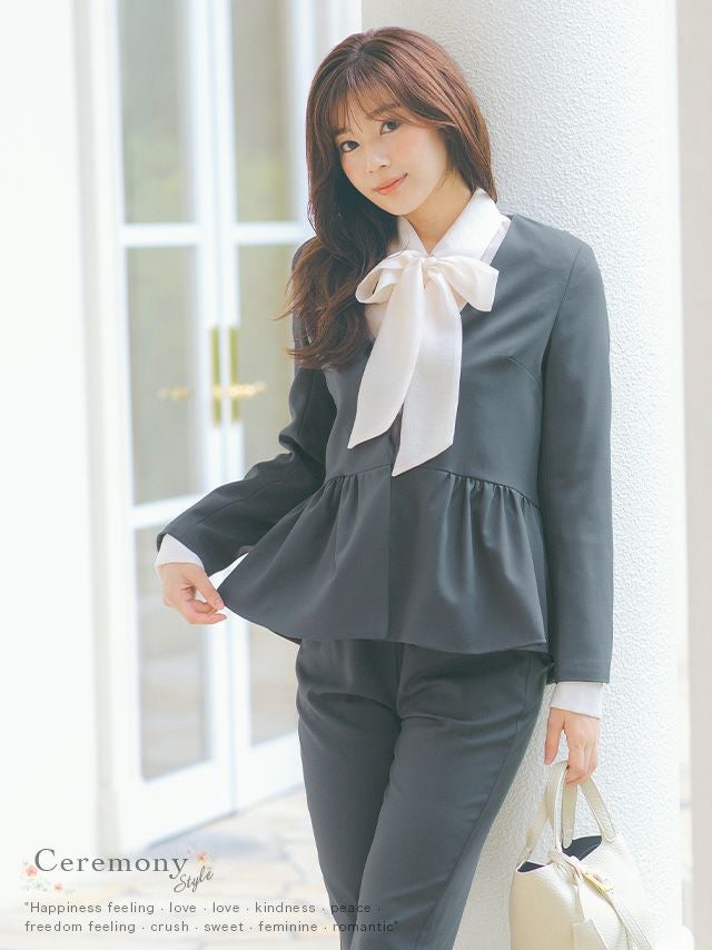 SALE] ノーカラーペプラムジャケット×パンツセットアップセレモニー
