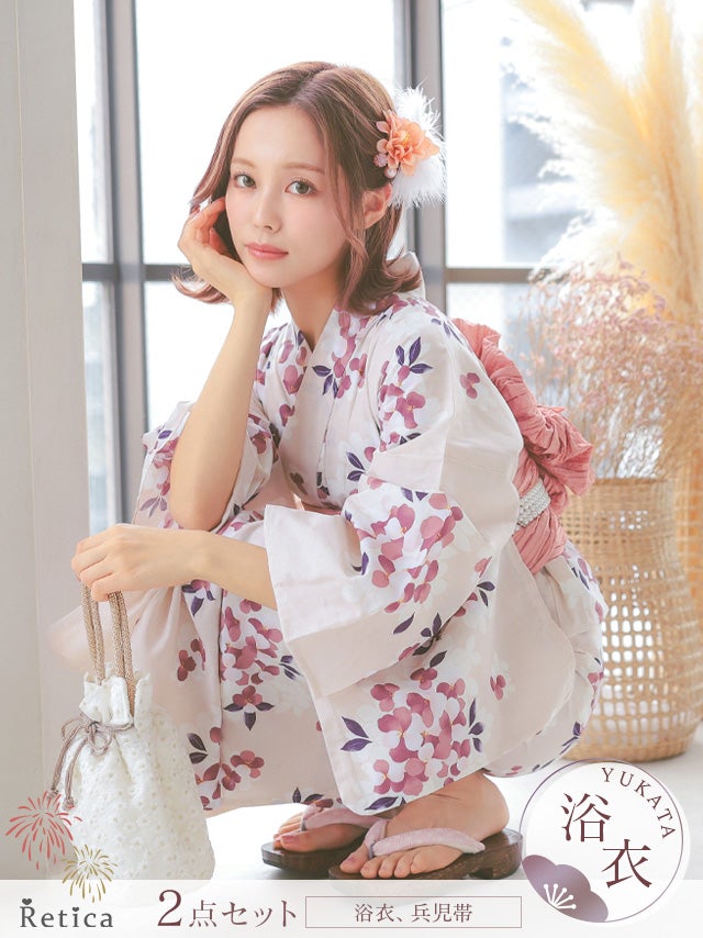 SUPER SALE] 山桜柄フェミニンクリーム上品ゆかた2点セット (浴衣+