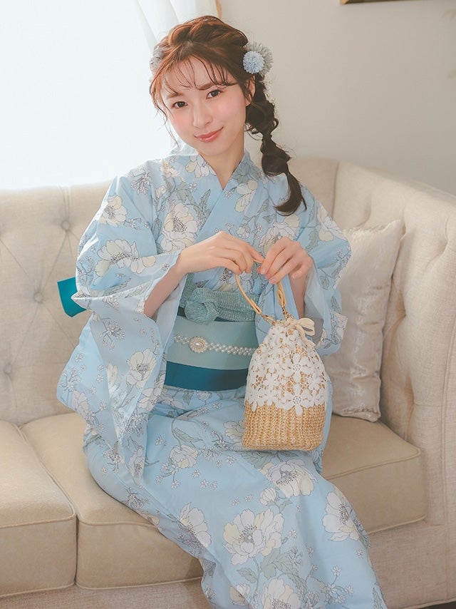 浴衣早割] パステルブルーにピュア牡丹ゆかた2点セット (浴衣+平帯or