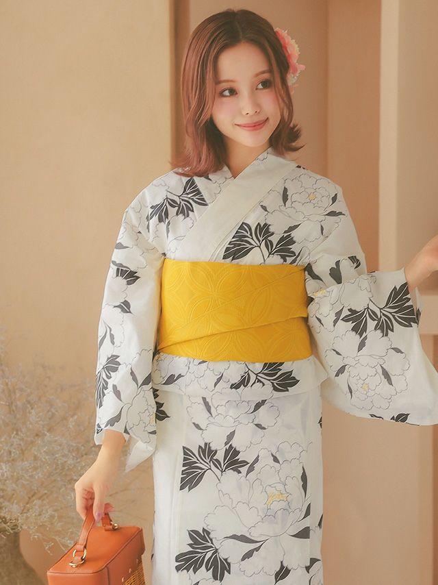 SALE] モノトーン牡丹柄レトロ白地大人の2点セットレディース浴衣