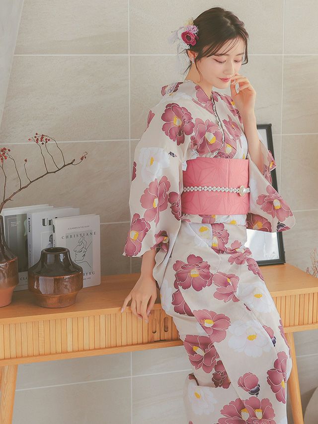 SALE] ふんわり上品ニュアンスベージュ地×華やか椿 浴衣2点セット