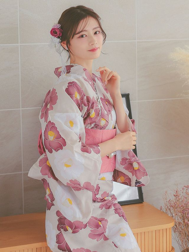 ショコラ様　花柄浴衣　　ベージュ 格子　リメイクパンツとおまとめ 浴衣早割] ふんわり上品ニュアンスベージュ地×華やか椿 浴衣2点セット