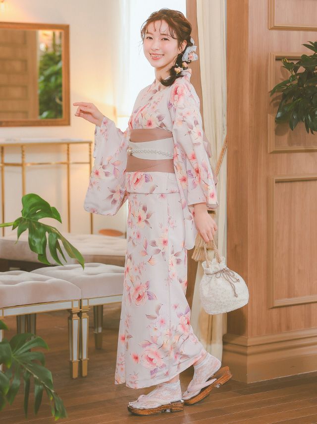 SALE] ピンク地ニュアンス花柄2点セットレディース浴衣(浴衣+平帯or