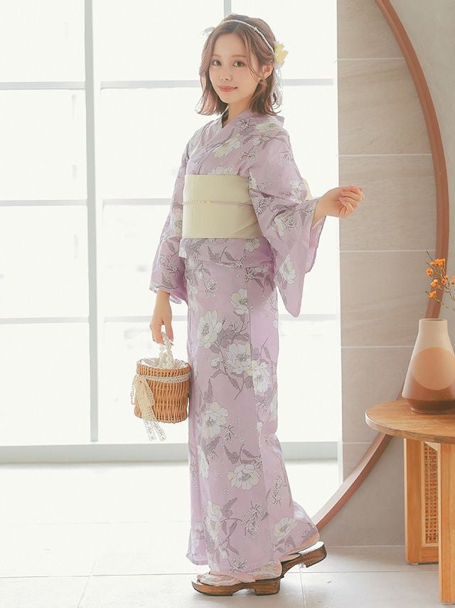 浴衣早割] 線画フラワーピンク地大人可愛い2点セットレディース浴衣
