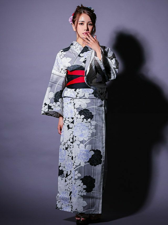 優美【良好】絞り◆薔薇 浴衣 丈158cm ◆黒 綿 RB18 モノトーン シックなモノクロ薔薇が咲き誇るレトログレー 浴衣2点セット (浴衣+平
