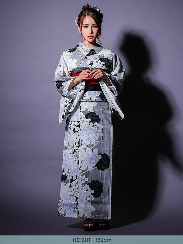 浴衣早割] シックなモノクロ薔薇が咲き誇るレトログレー 浴衣2点セット