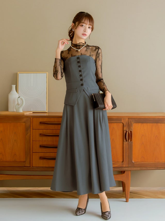 SALE] ビスチェロング丈フレアスカートセットアップドレス (Sサイズ～L