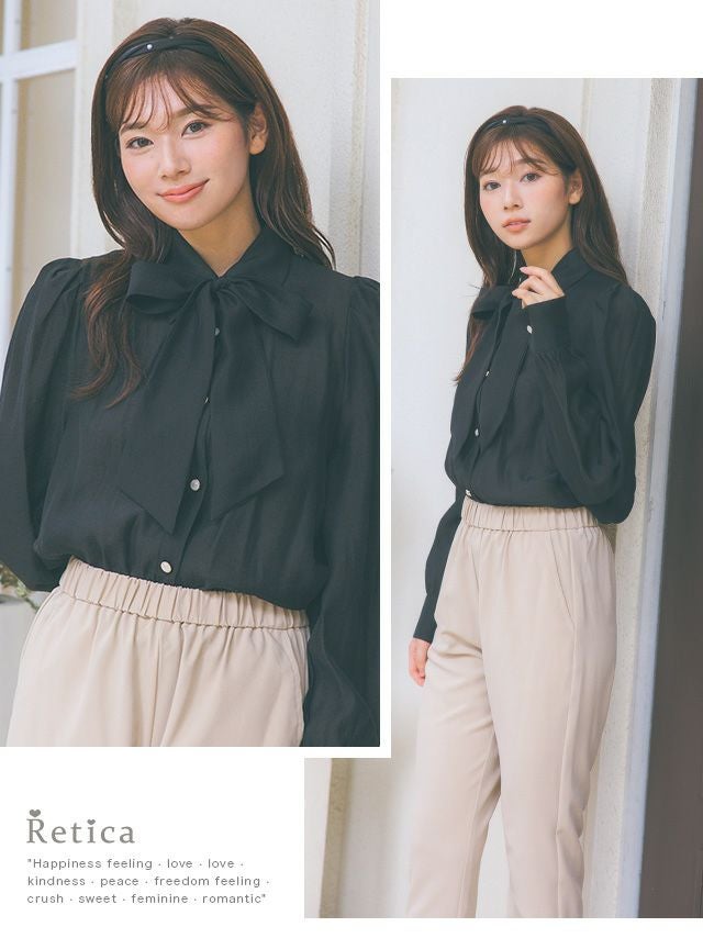 リボンタイ付き長袖シフォンブラウス(Mサイズ) (ピンクベージュ