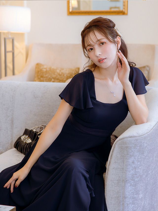 SALE] スクエアネックロング丈パーティードレス (Sサイズ～4Lサイズ