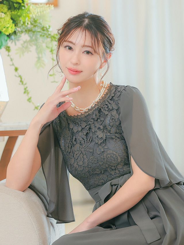SUPER SALE] リボン切り替え半袖チューリップスリーブフレアパーティー
