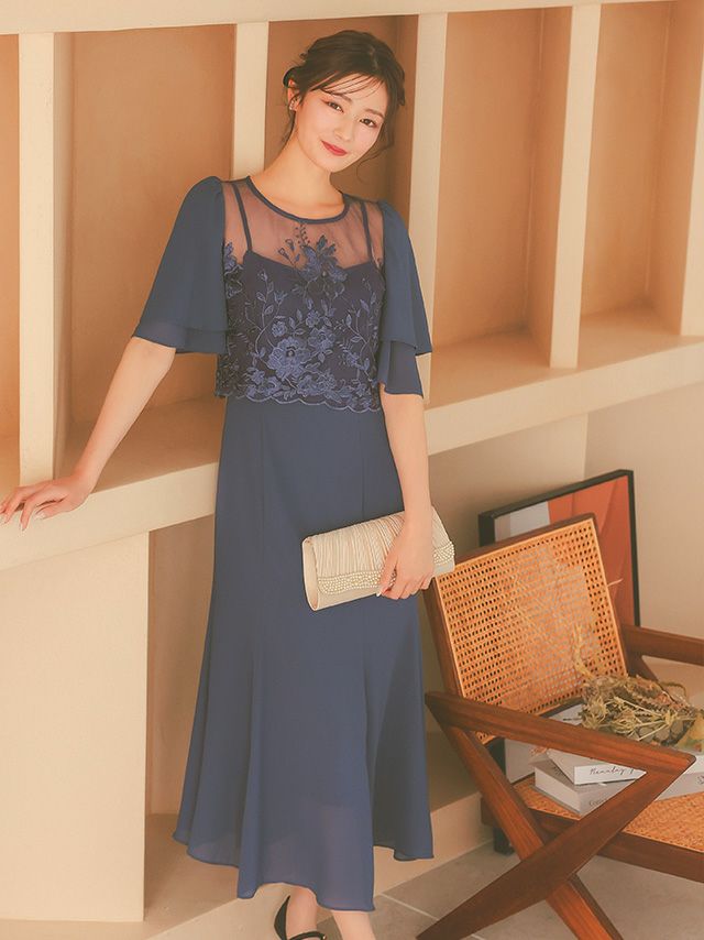 SALE] フラワー刺繍シフォンセミマーメイドワンピースパーティードレス
