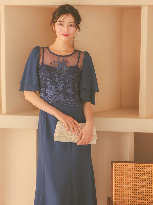 SALE] フラワー刺繍シフォンセミマーメイドワンピースパーティードレス
