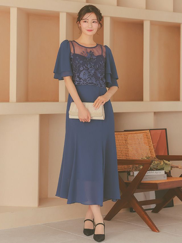 SALE] フラワー刺繍シフォンセミマーメイドワンピースパーティードレス