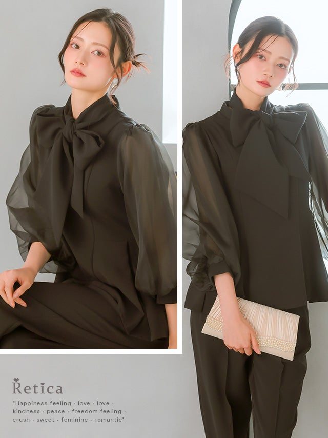 SALE] シアーパフスリーブブラウスパンツセットアップ(Sサイズ～3L