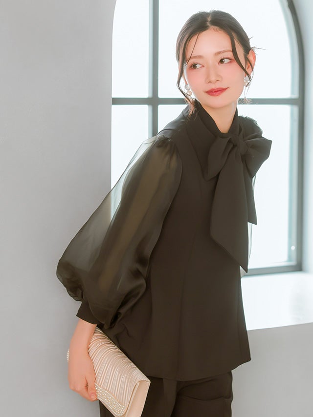 SALE] シアーパフスリーブブラウスパンツセットアップ(Sサイズ～3L