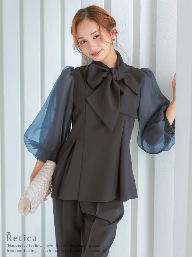SALE] シアーパフスリーブブラウスパンツセットアップ(Sサイズ～3L