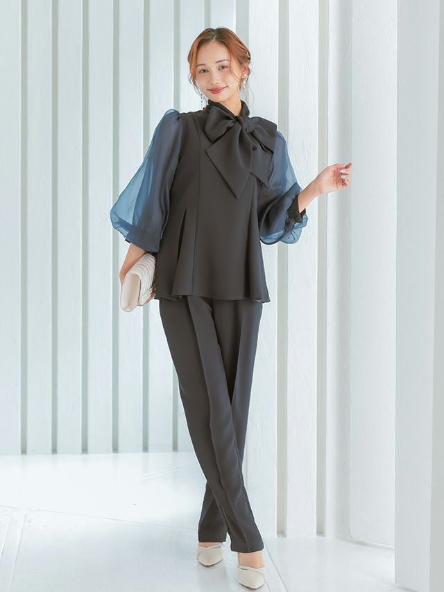 SALE] シアーパフスリーブブラウスパンツセットアップ(Sサイズ～3L