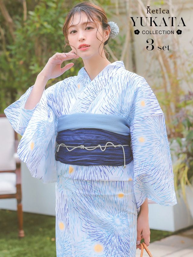 高級綿麻 リネン素材 吸湿性・通気性 涼しげブルーグラデーション花火