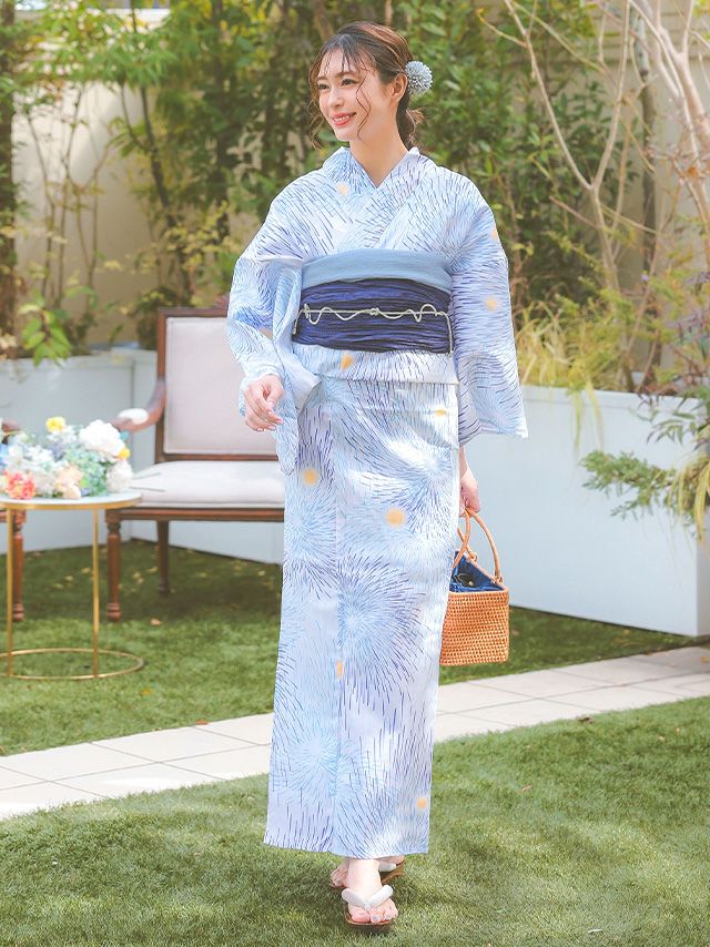 高級綿麻 リネン素材 吸湿性・通気性 涼しげブルーグラデーション花火