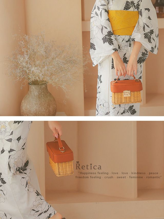 SALE] 浴衣小物 レザー×ラタン2wayボックス型かごバッグ (ブラック