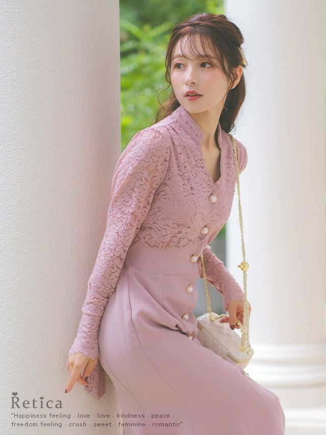 SALE] パールボタンレーススリーブマーメイドドレス (Sサイズ～4L