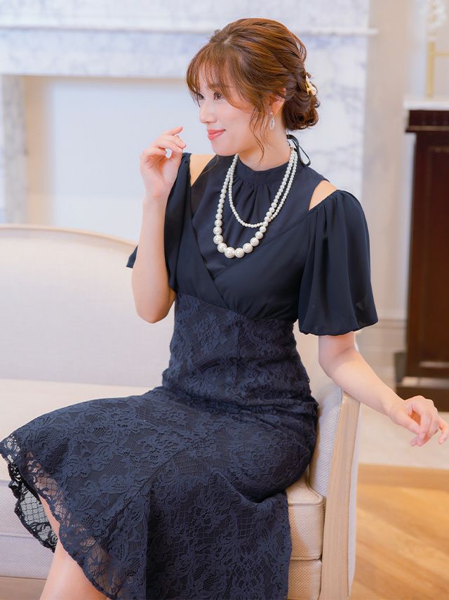 SALE] ショルダーカットパフスリーブ×総レースマーメイドドレス(S